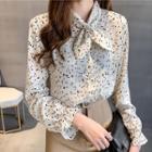 Knotted Neck Long Sleeve Print Blouse