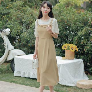 Set: Elbow-sleeve Top + Midi A-line Overall Dress