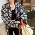 Long-sleeve Plaid Shirt Melange Gray - One Size