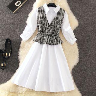Set: A-line Collared Dress + V-neck Tweed Vest