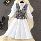 Set: A-line Collared Dress + V-neck Tweed Vest
