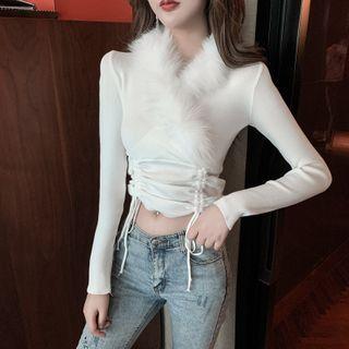 Long-sleeve Furry Trim Drawstring Top
