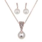 Set: Rhinestone Faux Pearl Pendant Necklace + Dangle Earring Set - Rose Gold - One Size