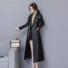 Faux Leather Double Breasted Long Coat