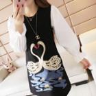 Mock Two Piece Long-sleeve Applique Dress
