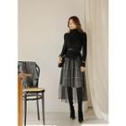 Set: Mockneck Ribbed Sweater + Tulle-overlay Long Plaid Skirt Black - One Size
