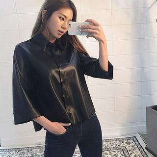 3/4-sleeve Faux-leather Shirt