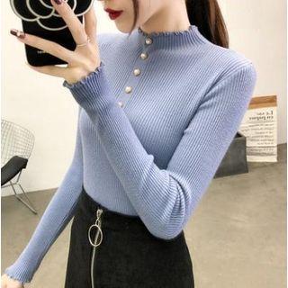Faux Pearl Frill Trim Knit Top