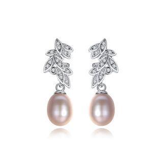 Sterling Silver Fashion Elegant Leaf Pink Freshwater Pearl Earrings With Cubic Zirconia Silver - One Size