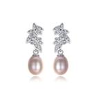 Sterling Silver Fashion Elegant Leaf Pink Freshwater Pearl Earrings With Cubic Zirconia Silver - One Size