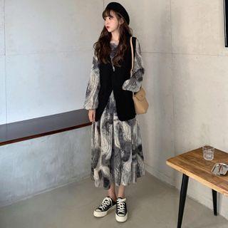 Sleeveless Blazer/ Printed A-line Dress