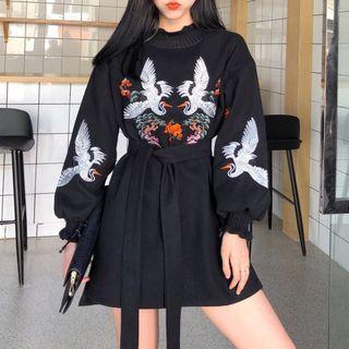 Crane Embroidered Pullover Dress