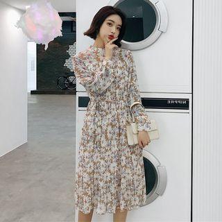 Mock-neck Flower Print Long-sleeve Midi Dress