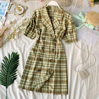 Short-sleeve Double-breasted Plaid Mini A-line Dress