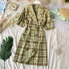 Short-sleeve Double-breasted Plaid Mini A-line Dress