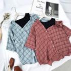 Plaid Mock Two-piece Open Shoulder Short-sleeve Blouse