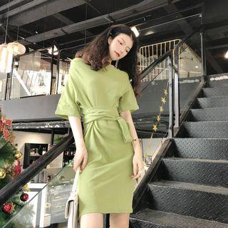 Off-shoulder Plain Short-sleeve Midi Dress