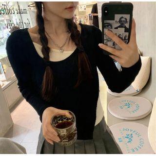 Mock Two-piece Long-sleeve Asymmetrical Cropped T-shirt