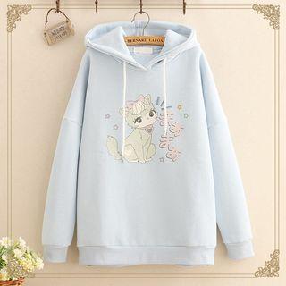 Cat Print Drawstring Fleece-lined Hoodie