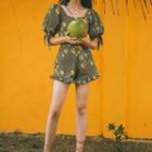 Printed Short-sleeve Button Top + Ruffle Trim Wide-leg Shorts As Shown In Figure - L