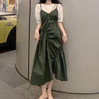 Puff-sleeve Plain Blouse / Spaghetti-strap Ruffled Dress