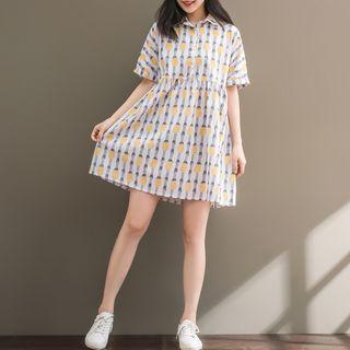 Pineapple Print Short Sleeve Collared Dress