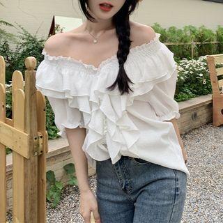 Short-sleeve Off-shoulder Ruffle Trim Blouse