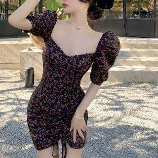 Puff-sleeve Floral Mini Sheath Dress Black - One Size