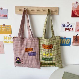 Floral Print Plaid Tote Bag