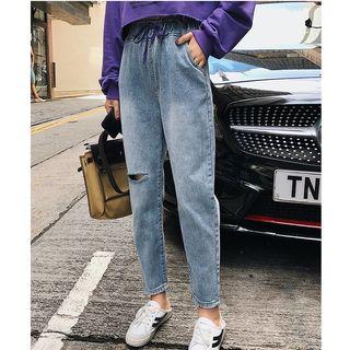 Band Waist Ripped Jeans