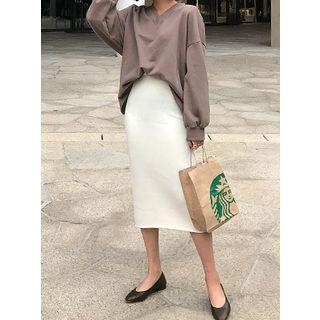 Wool Blend Band-waist Knit Pencil Skirt