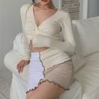 Long-sleeve V-neck Top / Color-block Skirt