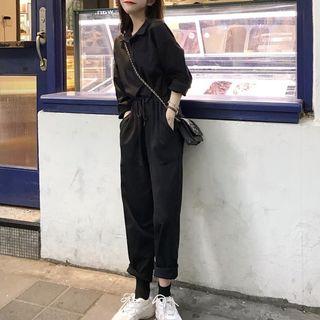 Long-sleeve Drawstring Waist Jumpsuit
