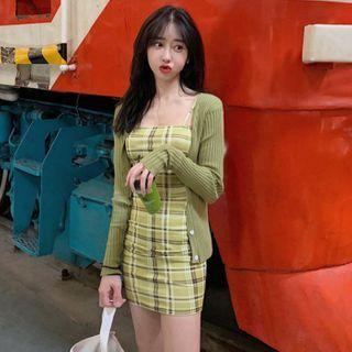 Spaghetti Strap Plaid Mini Bodycon Dress / Cardigan