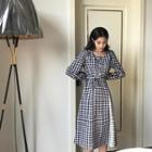 Checked Long-sleeve A-line Dress Check - Black & White - One Size