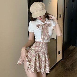 Short-sleeve Cropped Shirt / Plaid Neck Tie / A-line Skirt / Set