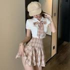 Short-sleeve Cropped Shirt / Plaid Neck Tie / A-line Skirt / Set