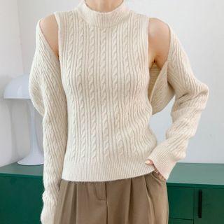 Set: Sleeveless Mock-neck Cable Knit Top + Shrug