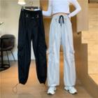 High-waist Drawstring-cuff Cargo Pants With Suspenders