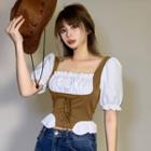 Mock Two-piece Puff-sleeve Lace-up Blouse