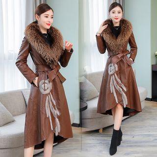 Fluffy Panel Long Faux Leather Jacket