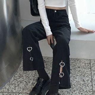 Heart Detail Front-slit Bootcut Cropped Jeans