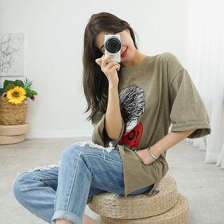 Elbow-sleeve Illustration T-shirt Dress