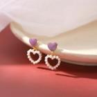 925 Sterling Silver Faux Pearl Heart Dangle Earring 1 Pair - Faux Pearl Heart - Purple - One Size