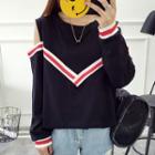 Long-sleeve Cold Shoulder Contrast Trim T-shirt