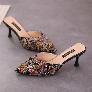 Print Pointed Toe Kitten-heel Mules