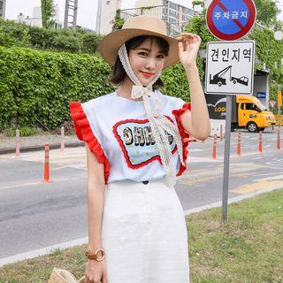 Letter Sequined Frill Trim Tank Top