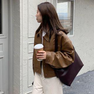 Plain Faux Leather Oversize Cropped Jacket