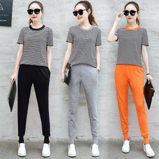 Set: Short-sleeve Striped Knit Top + Harem Pants