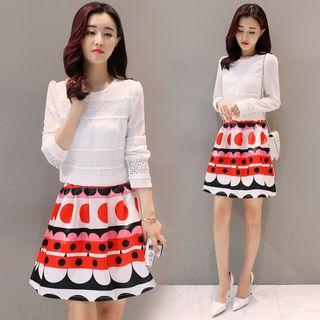 Set: Crochet Trim Long Sleeve Top + Printed A-line Skirt
